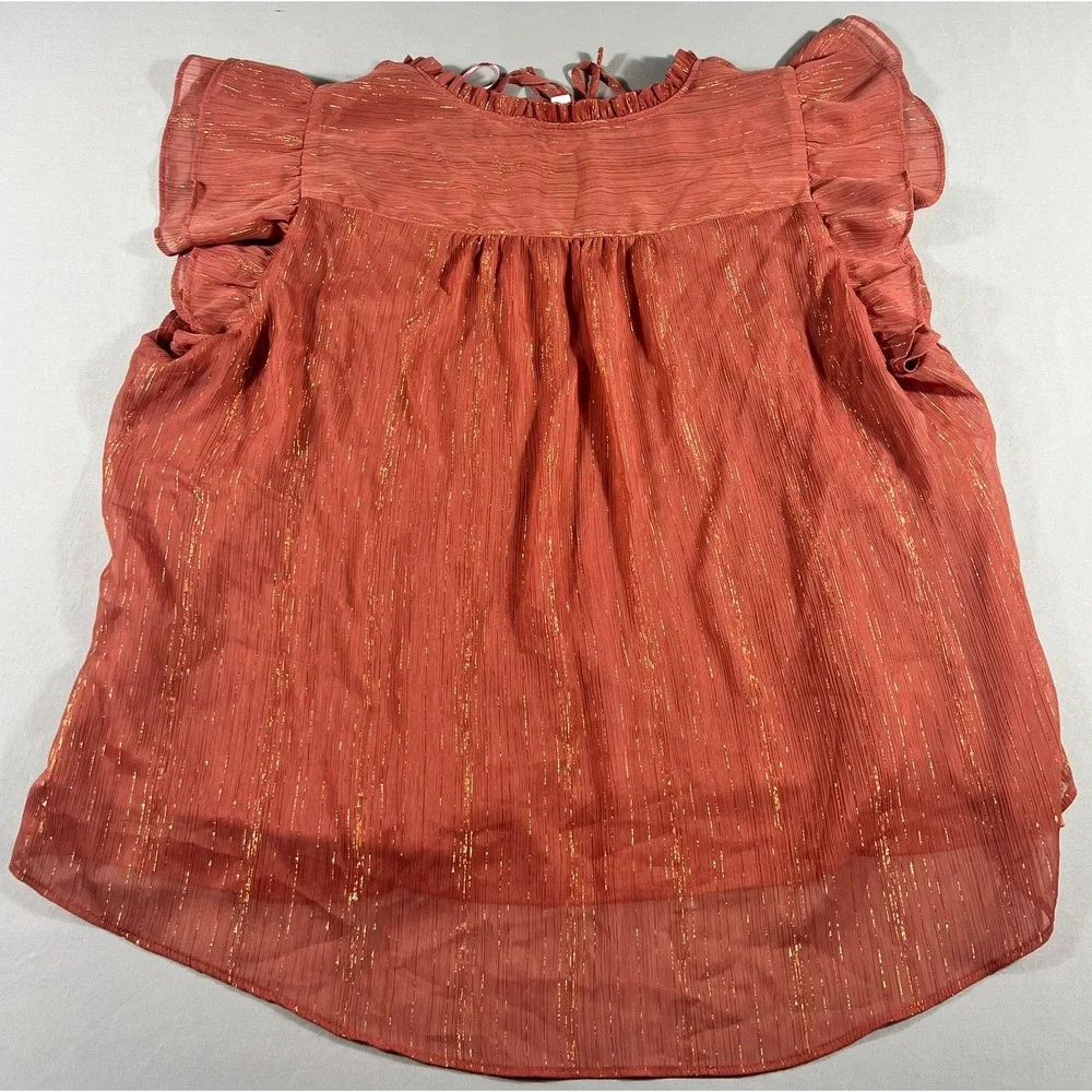 LC Lauren Conrad Rust Gold Metallic Stripe Flutter Sleeve Blouse Woven XXL Top